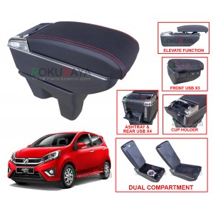 Perodua Axia 2014 Custom Fit Multi Purpose USB Chrome Redline Leather Arm Rest Center Console Box