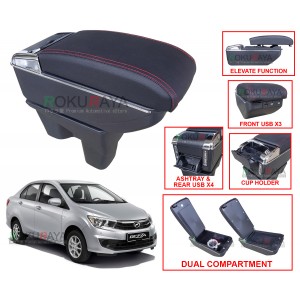 Perodua Bezza 2016 Custom Fit Multi Purpose USB Chrome Redline Leather Arm Rest Center Console Box