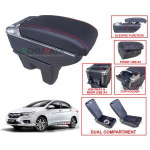 Honda City (6th Gen) 2013 Custom Fit Multi Purpose USB Chrome Redline Leather Arm Rest Center Console Box