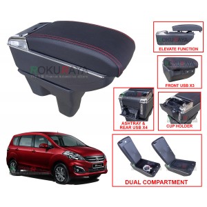 Proton Ertiga 2016 Custom Fit Multi Purpose USB Chrome Redline Leather Arm Rest Center Console Box