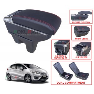 Honda Fit Jazz GK (3rd Gen) 2014 Custom Fit Multi Purpose USB Chrome Redline Leather Arm Rest Center Console Box