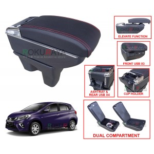 Perodua Myvi 3rd Gen 2018 Custom Fit Multi Purpose Usb Chrome Redline Leather Arm Rest Center