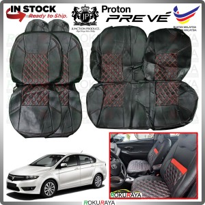 [WITH ARMREST] Proton Preve RED LINE Stitching Original Fitting Thick Leather Cowhide PU Car Cushion Seat Cover