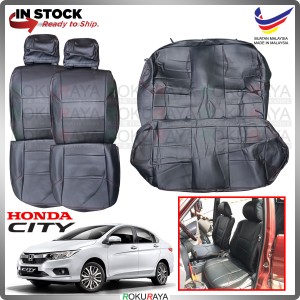 [WITH ARMREST] Honda City GM6 T9A 2014-2019 RED LINE Stitching Original Fitting Thick Leather Cowhide PU Car Cushion Seat Cover