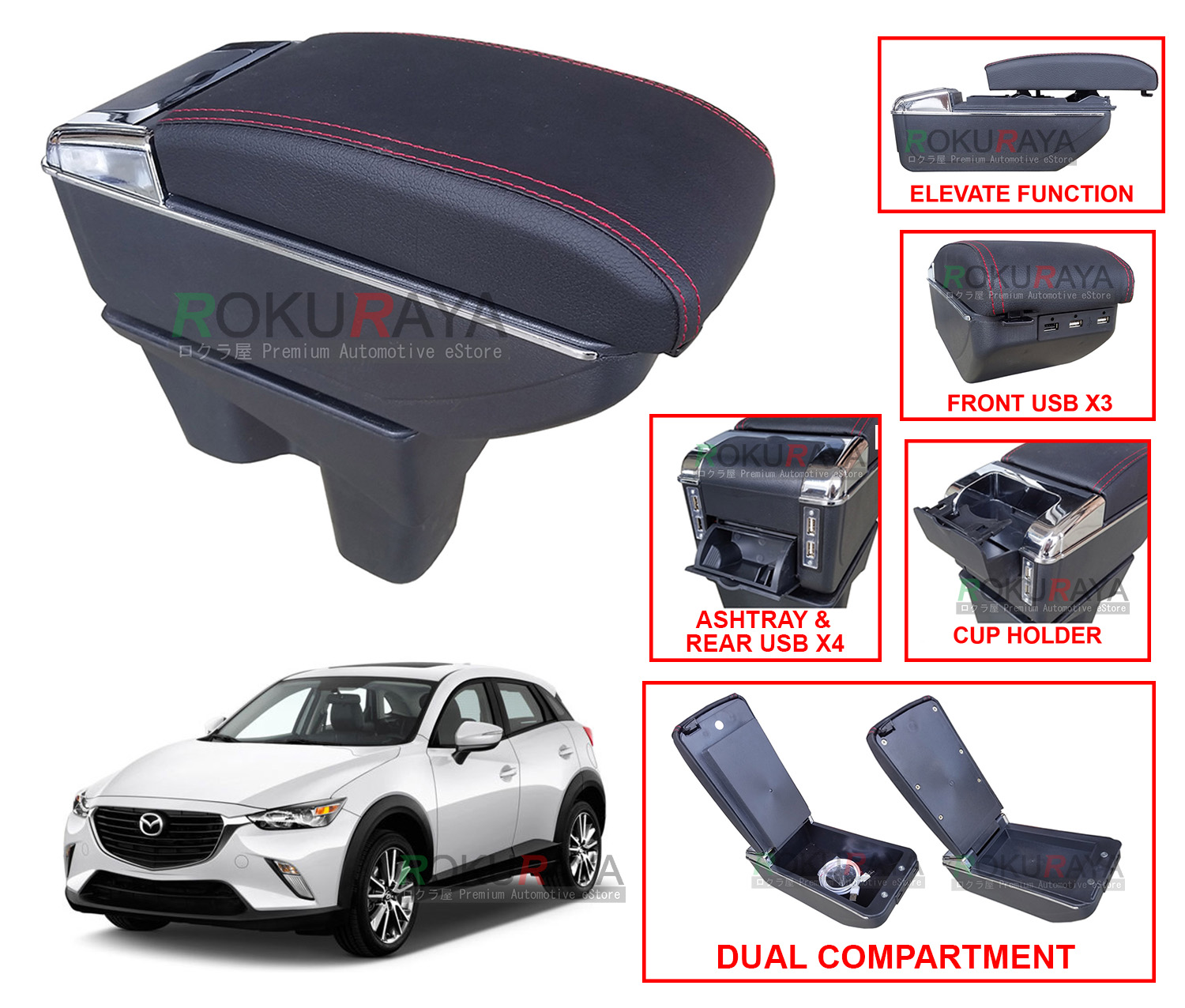Black Armrest Storage Box Tray For Mazda CX-3 2015-2018 - Center Console Organizer